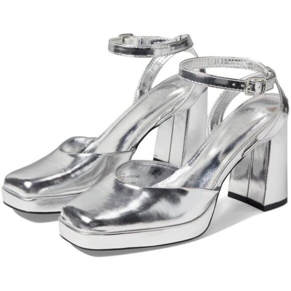 FARYL by Faryl Robin FREYA Metallic Silver ankle strap block heeled sandals sz 1